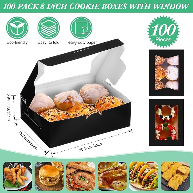 TaoBary 100 Pcs 8 Inch Bakery Boxes 8 x 6 x 2.5 Inch Cookie Pastry Boxes with 2 Style Window for Cookie Treat Chocolate Strawberries Cupcakes Candy Muffins(Black)