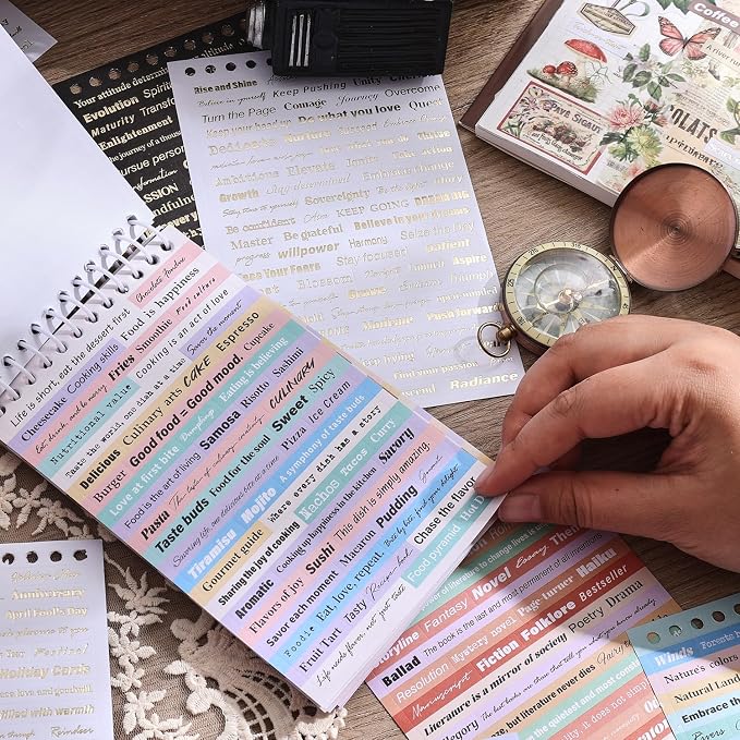 3000+ Pcs Word Stickers for Journaling, 50 Sheets Gold Foil Art Scrapbook Quote Stickers for Junk Journal, Scrapbooking Supplies Small Talk DIY Decorative Gift for Women Teen Girls