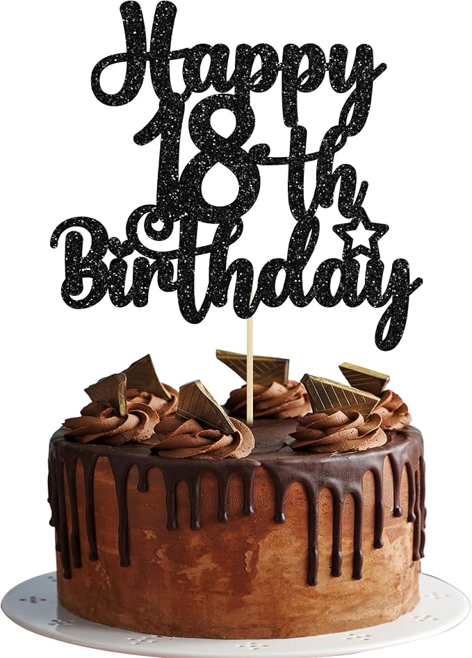 Gyufise 1Pc Happy 18th Birthday Cake Topper Glitter 18 & Fabulous Cheers to 18 Years Old Birthday Cake Pick for Celebrating 18th Birthday Party Cake Decorations Supplies Black