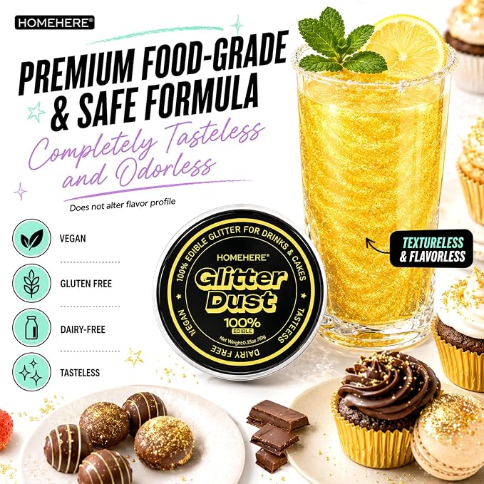 HomeHere Edible Glitter for Drinks & Cakes, 10g Food Grade Disco Diamond Glimmer Dust, Sparkle Powder for Cocktails, Chocolate, Baking Decorations, Vegan& Tasteless (Golden)