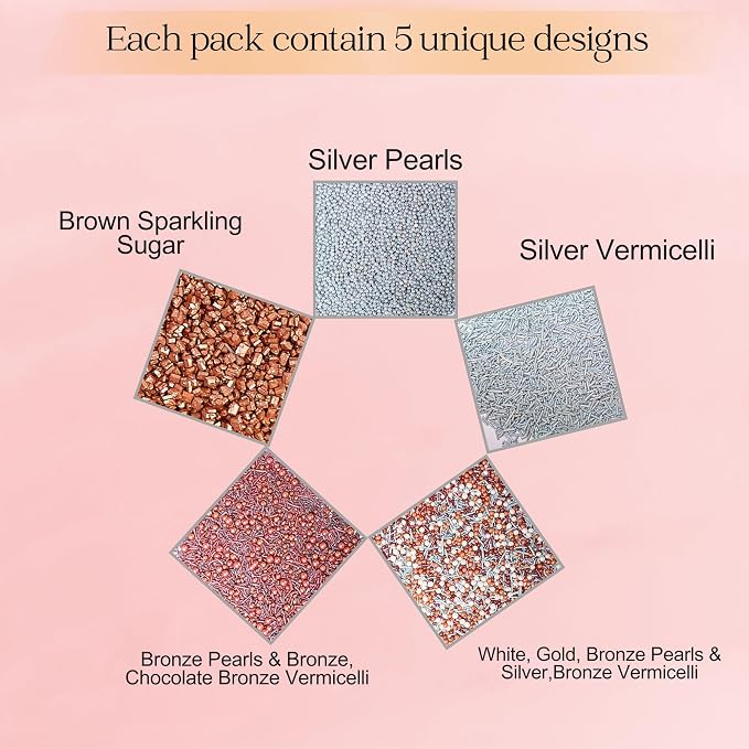 Confect-Rose Gold Edible Cake Sprinkles Mix – Pearl Dragees, Silver & Copper Jimmies, Bronze Sparkling Sugar – White, Rose Gold, Silver Glam Sprinkle Set for Cake Decorating, Baking & Cupcakes- Vegan, Gluten-Free, Nut-Free, Soy-Free, Dairy-Free, Palm O...