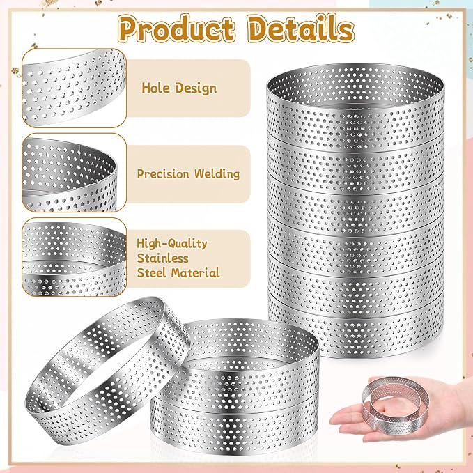 24 Pcs Tart Ring Round Stainless Steel 3.15 Inches and 2.36 Inches Perforated Tart Ring, Metal Pastry Mold Heat-Resistant Perforated Cake Mousse Rings Small Fruit Tarte Crust Tools for Baking