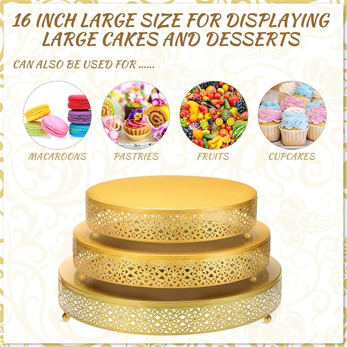 Wenqik 3 Pcs Cake Stand 16'' 14'' 12'' Round Metal Cake Stand Bases Display Holder Cookies Serving Tray Display Plate Cupcake Dessert Pastry Riser for Wedding Birthday Party(Vintage Style,Gold)