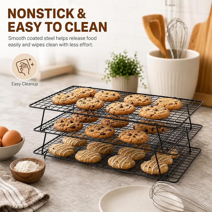 Cooling Rack, 3 Tier Stackable Cooling Racks for Cooking Baking Roasting, Multi-Level Collapsible Cookie Rack for Cakes, Oven Safe & Easy Clean (Black, 3-Tier-SL)