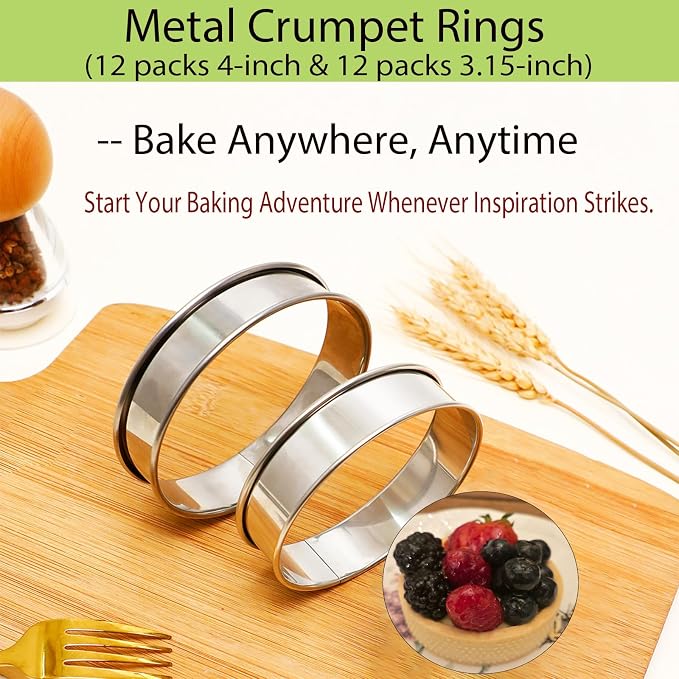 24 Pack English Muffin Rings Set 4 Inch & 3 Inch Stainless Steel Crumpet Ring with Oil Brush, Metal Pastry Rings Mold Double Rolled Tart Ring for Baking Kitchen Food Making