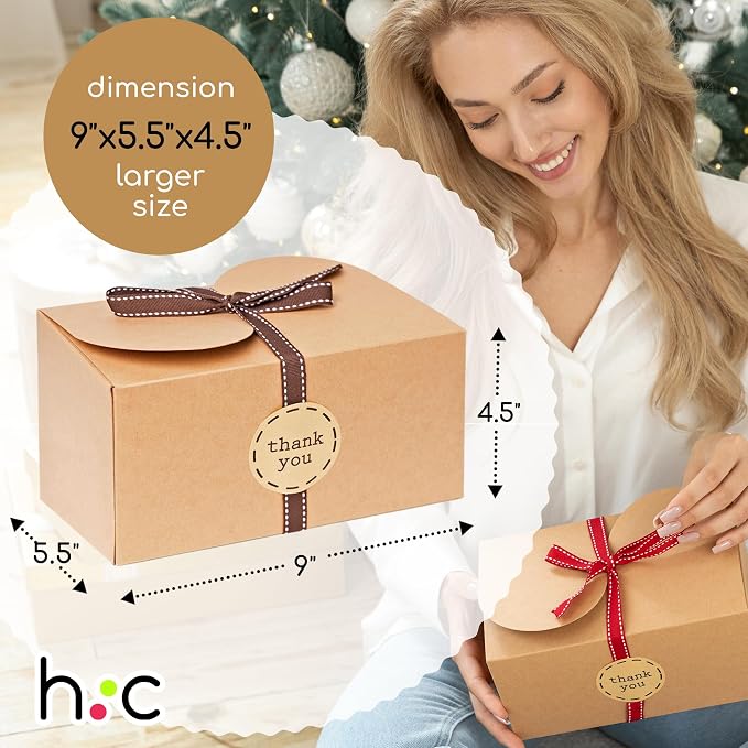 Large Brown Kraft Cookie Boxes with Ribbons & Sticker (20 Pack) 9” x 5.5” Decorative Craft Gift Boxes for Baked Goods, Candy, Bread Loaf, Small Treats, Christmas, Food Packaging, Empty, Bulk, Foldable