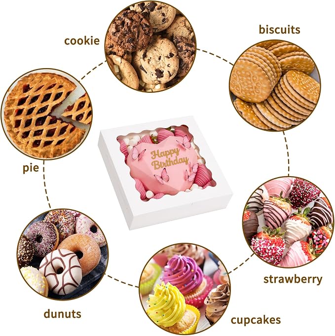 Moretoes 6pcs Pie Boxes, 10x10x2.5 Bakery Boxes with Window, White Bakery Boxes for Pies, Dessert, Donuts, Muffins