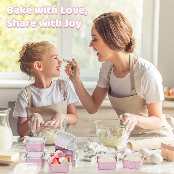 40 Pack 5 OZ Mini Cake Pans with Lids, Disposable Square Aluminum Foil Brownie Baking Cups, Mini Aluminum Foil Cupcake Muffin Tin Ramekins, Flan Molds Cake Containers for Wedding Birthday Party, Pink