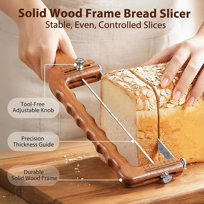 Adjustable Bread Slicer for Sourdough& Homemade Bread | Thickness Guide, Sharp Stainless Serrated Blade, Wooden Frame, Precision Bread Cutter