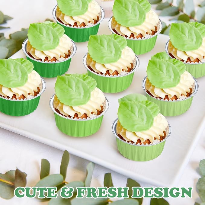 Gejoy 400 Pcs Aluminum Foil Baking Cups with Lids 5 oz Disposable Ramekins Mini Cake Pans Creme Brulee Cupcake Liners Muffin Dessert Container for Wedding Birthday Party (Classic,Mixed Green)