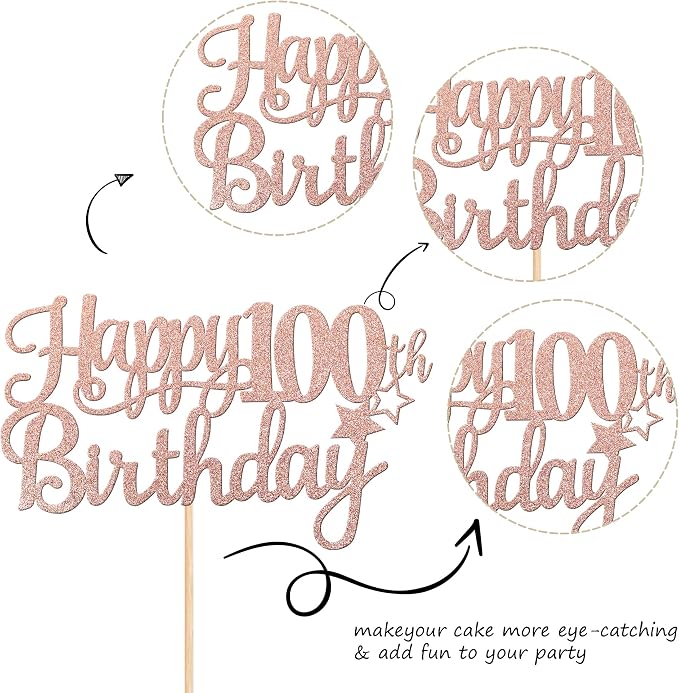 1 PCS Happy 100th Birthday Cake Topper Glitter Cheers to 100 Years Cake Pick Number 100 Fabulous Cake Decoration for 100th Birthday Theme Party Decorations Supplies Rose Gold