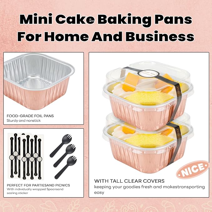 NPLUX 50 Pack Mini Cake Pans with Lids and Spoons Aluminum Foil Pans Square Cake Tins for Bakery Party Wedding, Graduation Gifts Party Favors(Champagne Color,5 oz)