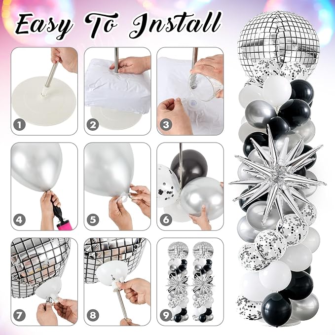 2 Sets Disco Balloon Column Stand Kits Adjustable Black and Silver Balloons Column Kit with Disco Ball Explosion Star 80s Party Themed Tower Stand Kit for Birthday Party Retro Dance Supplies
