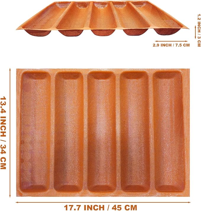 FETESUR Silicone Perforated Baking Forms Sandwich Mold French Baguette Bread Pan Food Mat 5 Loaf Non-Stick Baking Liners (Orange)