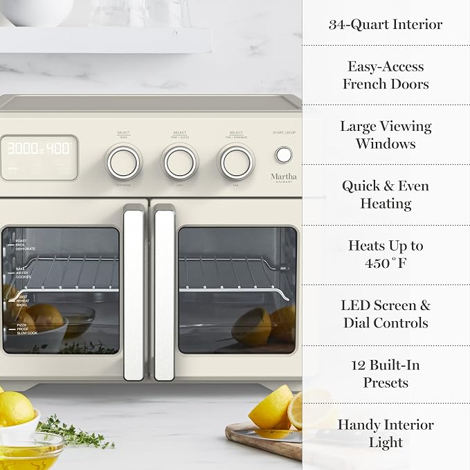 Martha Stewart French Door Air Fryer Toaster Oven Combo, 34QT Countertop Convection, 12-in-1, Bake, Broil, Roast, Fits 12” Pizza, Dehydrate, 5 Accessories, Air Fry Basket, Stainless Steel, Linen Cream
