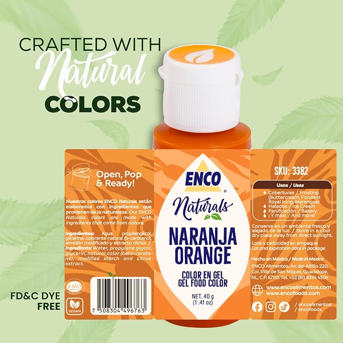 ENCO Natural Food Coloring Gel Orange (1.41 oz) – No Artificial Dyes, Vibrant Colors for Icing, Buttercream & Fondant - Kosher & Vegan Colors – Baking & Cake Decorating