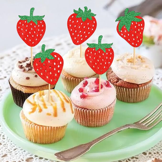 24pcs Glitter Red Strawberry Cupcake Toppers Red Strawberries Cupcake Picks for Strawberry Baby Shower Kids Boys Girls Berry Birthday Sweet Fruit Bridal Shower Wedding Party Cake Decorations