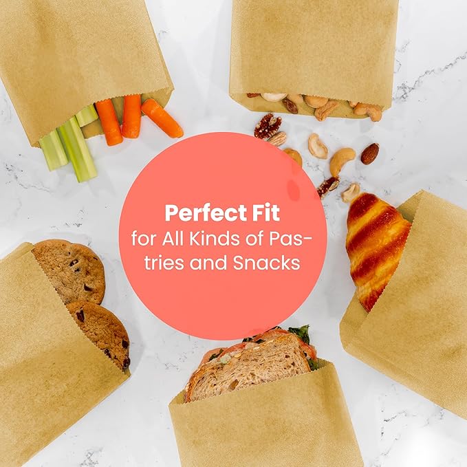 Fit Meal Prep 1000 Pack Paper Sandwich Bags 7 x 6”, Greaseproof Snack Bags, Unbleached Pastry Bag, Recyclable Small Brown Paper Bags, Cookie Sleeves, Food Packing for Bakery, Donuts