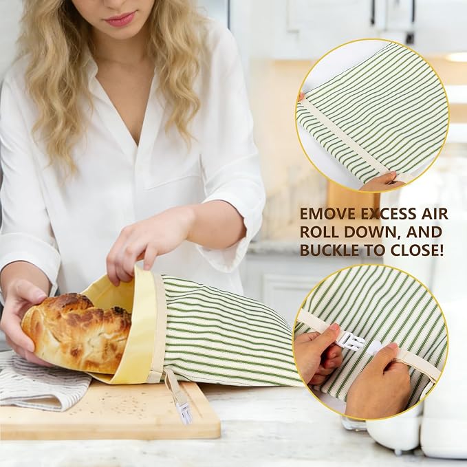 Stripe Reusable Beeswax Bread Bags for Homemade Bread & Sourdough, 2-Pack XL Airtight Food Storage Bags, Organic Cotton Linen Covers - Freezer-Friendly Freshness Preservation Keeps Fresh Longer