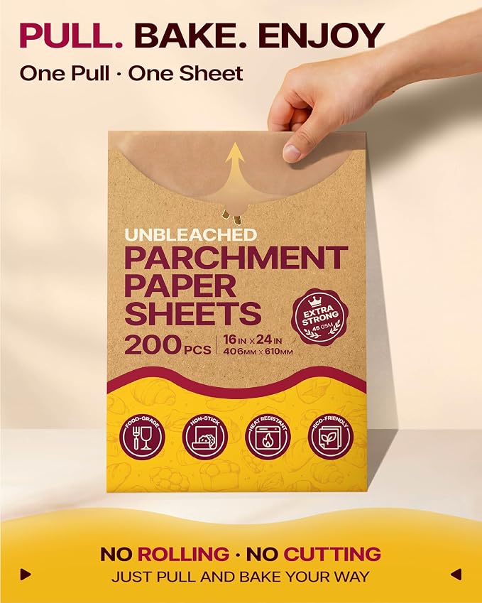 Katbite Parchment Paper Sheets Heavy Duty, 16x24 Inches 200 PCS Precut Baking Parchment, Unbleached, Non-stick, Non-toxic, Extra Strong, Flat Baking Paper for Oven, Cooking, Grilling, Air Fryer