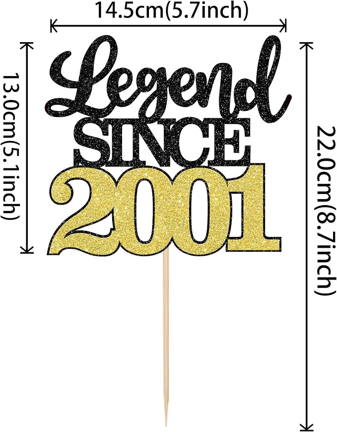 1 PCS Legend Since 2001 Cake Topper Black Gold Glitter Twenty Five Happy 25th Birthday Cake Pick Hello 25 Cheers to 25 Years Cake Decoration for 25th Birthday Anniversary Party Decorations Supplies