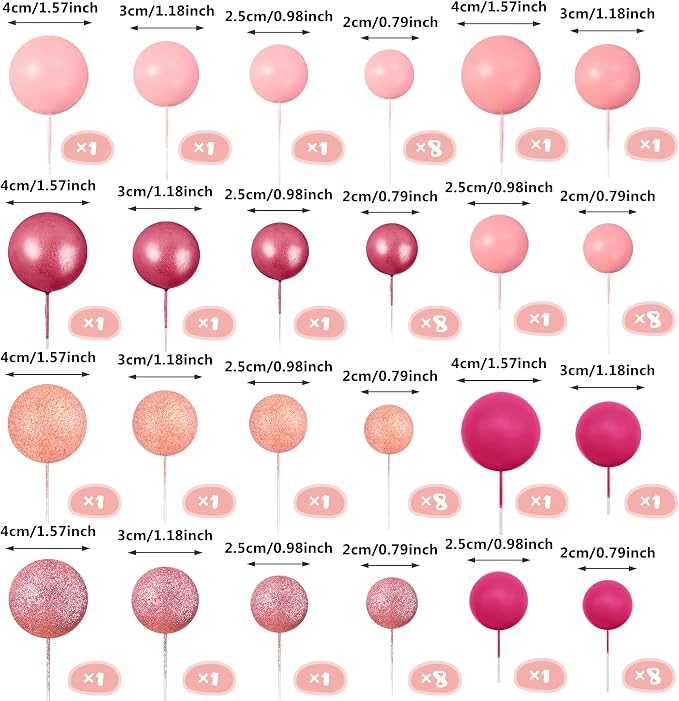 66 PCS Colorful Ball Cake Picks for Cake Decoration Pink Series with 6 Vibrant Colors Pearl Ball Shaped Cupcake Toppers for Birthday Party and Wedding Supplies
