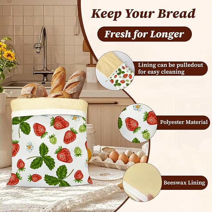 Beeswax Bread Bags, 2 Pack for Homemade Bread and Sourdough Storage | Red Strawberries Leaves Flower, Reusable Polyester Bread Storage With Beeswax Coating And Snap Closures
