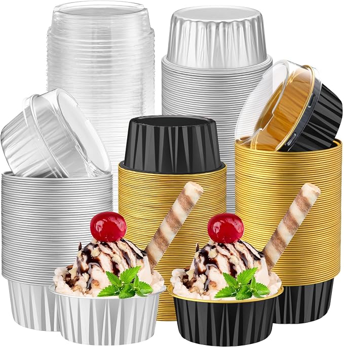 200 Pack Aluminum Foil Cupcake Liners with Lids, 5 oz Round Baking Cup, Disposable Ramekin Container for Graduation Wedding Independence Day Party(Black and Silver,Plain)
