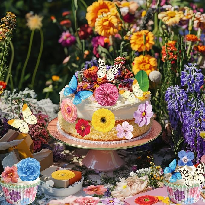 108PCS Edible Flower Cupcake Toppers Wafer Paper Butterfly Floral Baby Shower Cake Decorations Edible Spring Flower Cupcake Toppers for Floral Theme Birthday Party Decoration