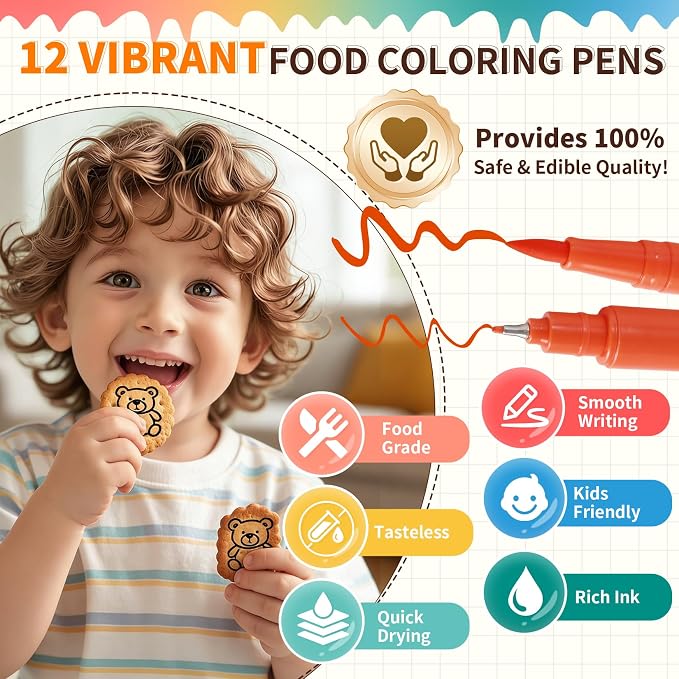 Food Coloring Pens - 12PCS Double Sided Edible Markers with Fine & Thick Tips, Food Grade Gourmet Writer Pens for Fondant, Cakes, Cookies, Frosting, Easter Eggs & Macaron Decorating