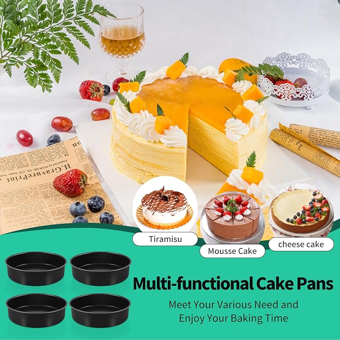 P&P CHEF Non-stick Cake Pan Set 4, 9.5 Inch Round Baking Cake Pans Tins for Tier Smash Cakes, Non-Toxic & Solid, Stainless Steel Core & Leak-Proof, 4Pcs