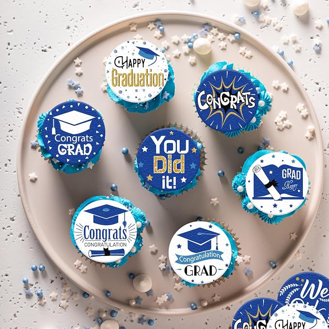 36PCS Edible Graduation Cap Cupcake Toppers Wafer Paper Grad Cap Diploma Cake Decorations Edible Grad Cap Cupcake Picks for 2026 Grad Theme Party Cake Decor Supplies (Blue)