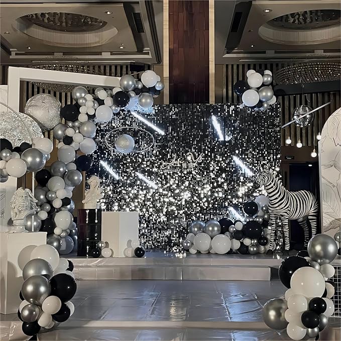 136pcs Black Silver White Balloons Garland Arch Kit,18 12 10 5 Inch Different Sizes Pack Party Latex Balloons for Disco Theme Birthday, Graduation, 90s Party Decorations