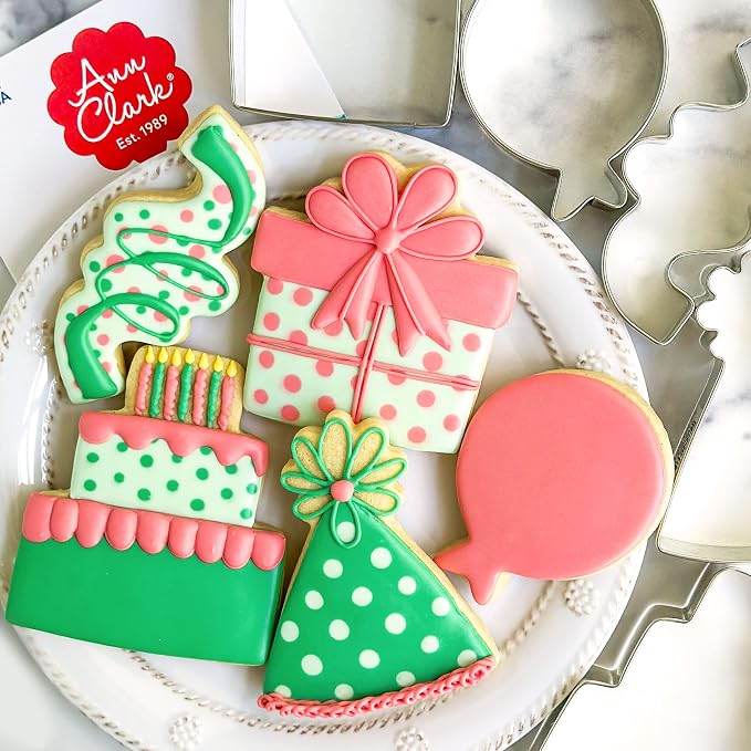 Ann Clark Cookie Cutters Birthday Cookie Cutters 5-Pc. Set Made in USA, Balloon, Birthday Hat, Cake, Present, Confetti