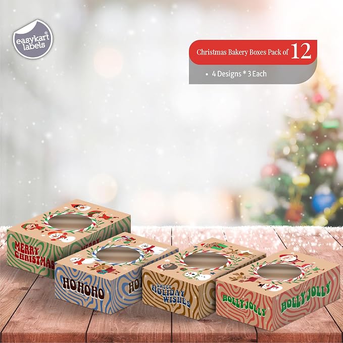 easykart labels 12 PCS Christmas Cookie Gift Baking Box 8.75" x 5.75" x 2.75" with Window Auto-Popup for Pastries, Cupcakes, Cookies, Brownies, Donuts Gift-Giving