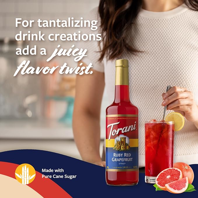 Torani Ruby Red Grapefruit Syrup for Drinks, Flavoring for Sodas and Cocktails, Glass Bottle with Pump Included, 25.4 Fl Oz