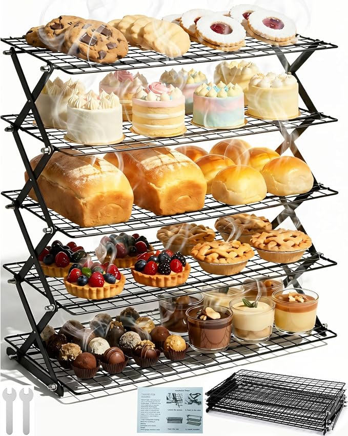 TOPACK 5-Tier Collapsible Cooling Rack for Baking — 15.8" x 9.7" Stackable Metal Wire Racks, Space-Saving Foldable Cookie & Bread Tower with Adjustable Heights for Small Kitchens, Holiday Baking