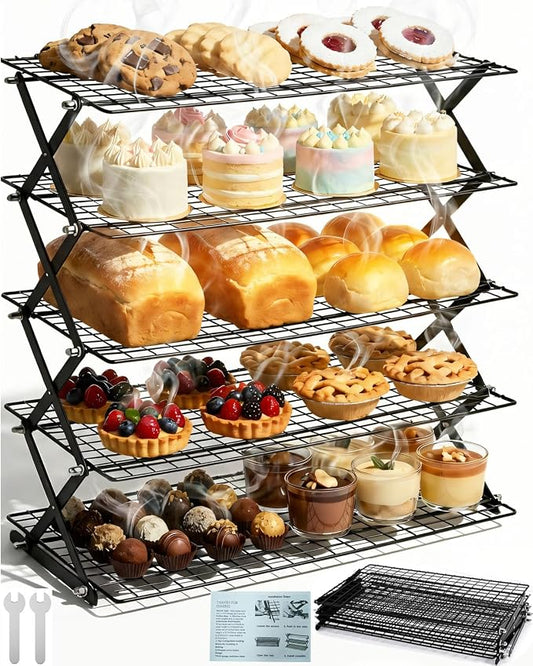 TOPACK 5-Tier Collapsible Cooling Rack for Baking — 15.8" x 9.7" Stackable Metal Wire Racks, Space-Saving Foldable Cookie & Bread Tower with Adjustable Heights for Small Kitchens, Holiday Baking