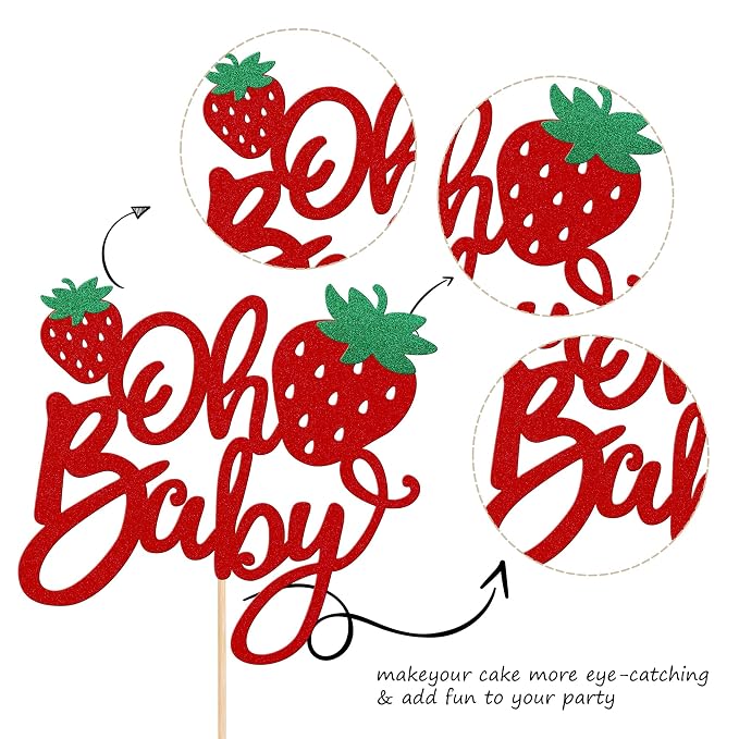 1 PCS Strawberry Oh Baby Cake Topper Glitter Baby Shower Strawberry Cake Pick Fruit Theme Oh Baby Cake Decoration for Baby Shower Kids Boys Girls Birthday Party Decorations Supplies Red