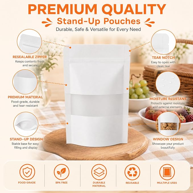 100 Pcs White Kraft Paper Bags with Window, 5.5" x 7.9" Stand Up Pouches Bags, Food Storage Bags for Packaging Products, Reusable, Sealable
