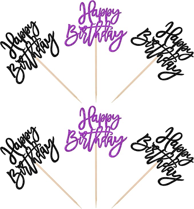24 PCS Happy Birthday Cupcake Toppers Glitter Happy Birthday Cupcake Picks for Celebrating Anniversary Theme Party Cake Decorations Supplies Black Purple