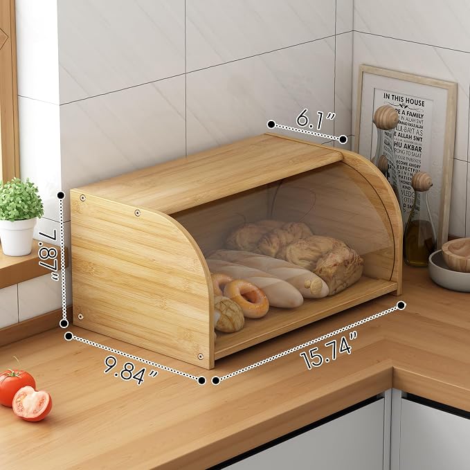 Roll Top Bread Container for Kitchen Countertop, Bamboo Bread Box with Clear Lid, Bread Container Storage（Bamboo without cutting board）