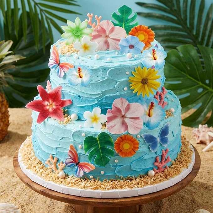 54 Pcs Edible Flowers Cupcake Cake Toppers Decorations Wafer Paper Green Leaf & Tropical Flower for for Hawaiian Birthday Tropical Luau Summer Party Wedding