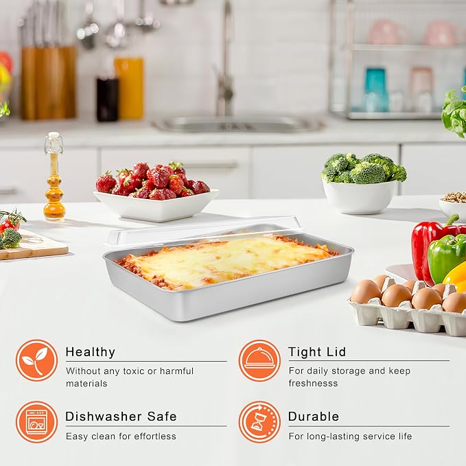 Herogo Baking Pan with Lid (2 Pans + 2 Lids), 8 x 10 Inch Nonstick Rectangle Stainless Steel Baking Set, Deep Cakes Bakeware for Brownies Casseroles, Non Toxic & Dishwasher Safe