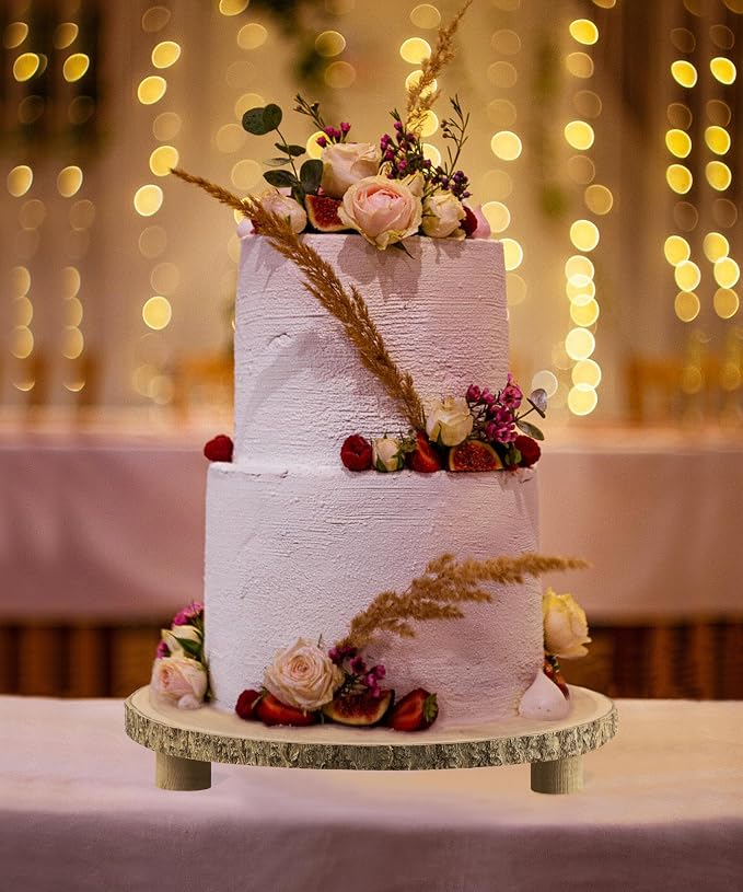 Rustic Wood Cake Stand with Legs – 11.5-12.5" Natural Wood Slice for Weddings, Parties & Desserts (Handcrafted Bark Edge)