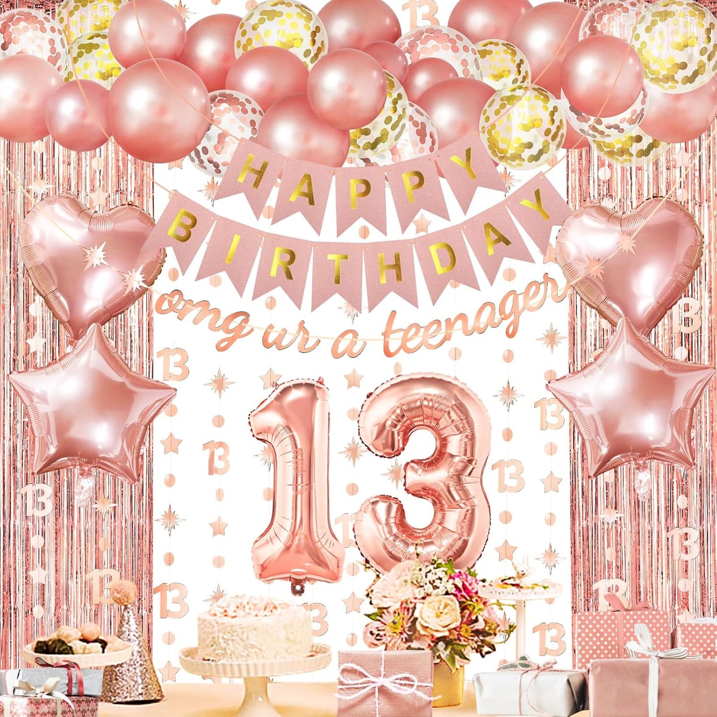 ZERODECO Rose Gold Birthday Party Decorations 13th, Happy Birthday Banner Fringe Curtain 13 Garland Heart Star Foil Confetti Balloons for Women Girls Queen Princess Party