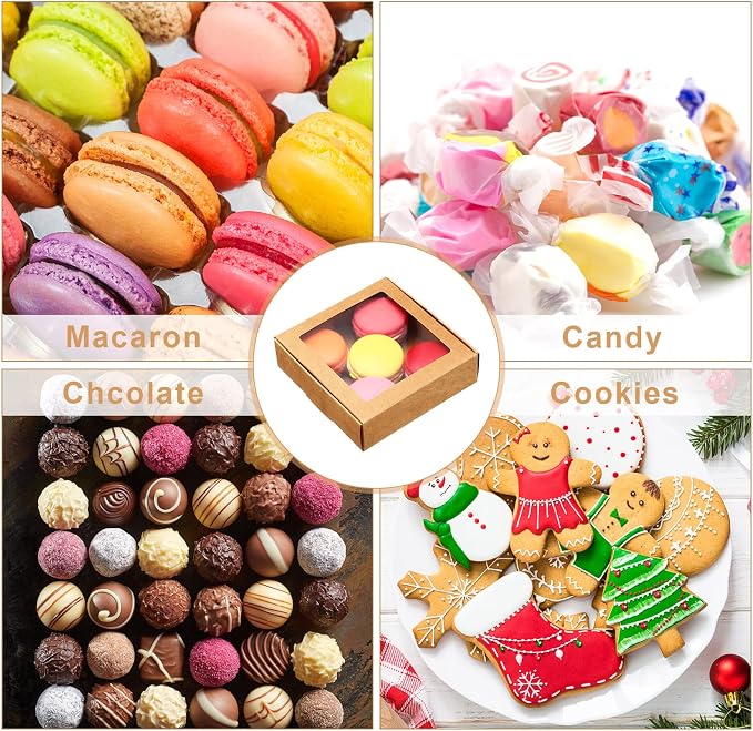 Zonon 30 Pcs Kraft Paper Boxes with Window 4.13 x 4.13 x 1.18 Inch Candy Packaging, Small Gift Boxes, Soap holder, Mini Treat Packaging for Bakery Chocolate Jewelry Display (Brown)