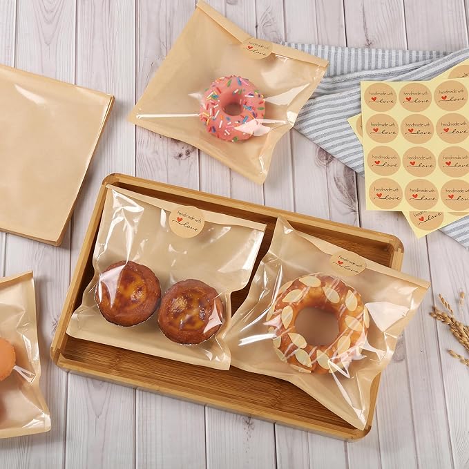 300 Pcs Cookie Packaging Bags with Window, 7.1" x 7.5" Kraft Paper Bakery Bags, Heat-Sealable & Grease-Resistant Pastry Bags with 320 Stickers for Cookies, Donuts, Sandwiches, Party Treats (Brown)