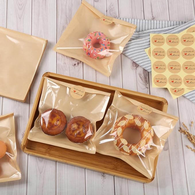 100 Pcs Cookie Packaging Bags with Window, 5.7" x 6.5" Kraft Paper Bakery Bags, Heat-Sealable & Grease-Resistant Pastry Bags with 128 Stickers for Cookies, Donuts, Sandwiches, Party Treats (Brown)