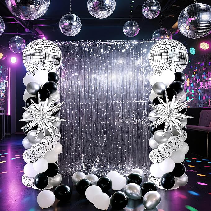 2 Sets Disco Balloon Column Stand Kits Adjustable Black and Silver Balloons Column Kit with Disco Ball Explosion Star 80s Party Themed Tower Stand Kit for Birthday Party Retro Dance Supplies